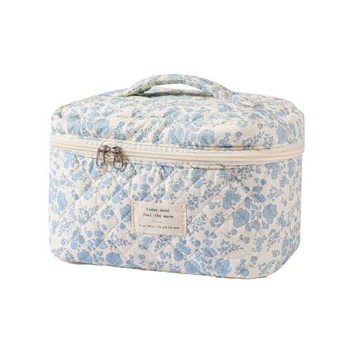 Large Travel Quilted Makeup Bag for Women, Floral Cotton