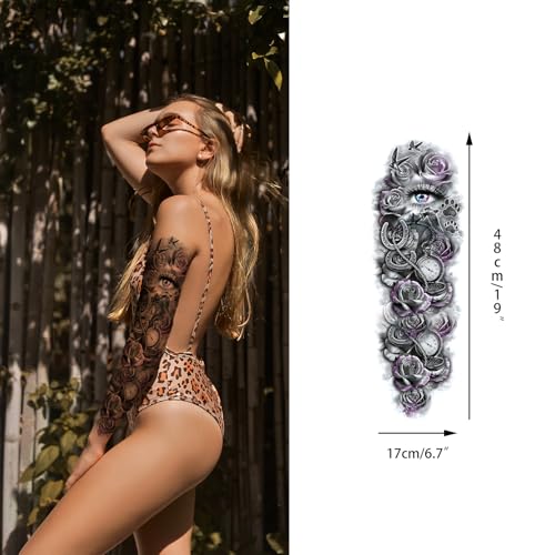 Full Arm Temporary Tattoos Stickers for Adult Women, Millitary Semi Permanent Fake Tattoos Stickers, Temporary Tattoos Realistic 8 Sheets for BBQ Pool Beach Party