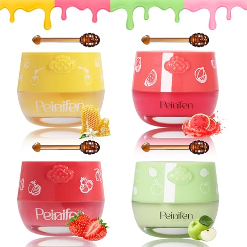Bee Lip Balm Lip Mask Honey Pot, 4 Pcs Propolis Moisturizing Balm with Applicator, Day & Night Hydrating Lip Treatment for Dry Lips (4 Flavors Set)