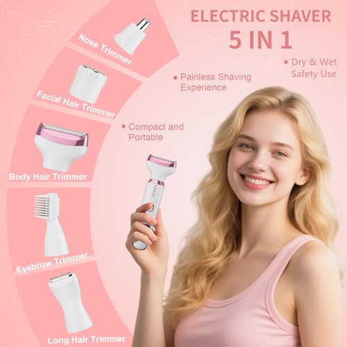 RUIM Electric Razors for Women, Painless 5 in 1 Shaver for Legs Bikini Facial Hair Removal, Body Wet/Dry Razor Water Resistant Grooming Kit, Cordless Womens Trimmer for Grooming