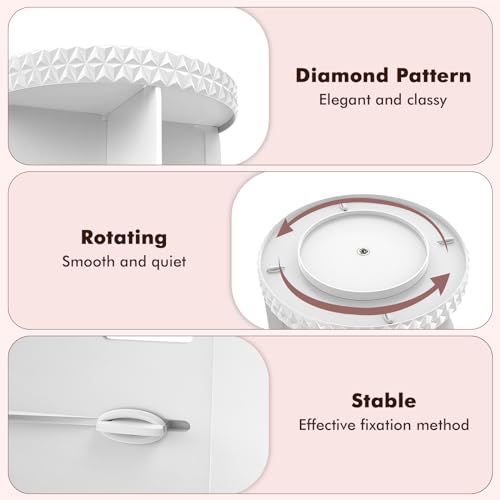 Rotating Makeup Organizer, Adjustable Vanity Organizer, Large Capacity Cosmetic Display Case for Spinning, Storage Carousel for Bathroom and Vanity Countertop, Diamond Pattern, Large, White