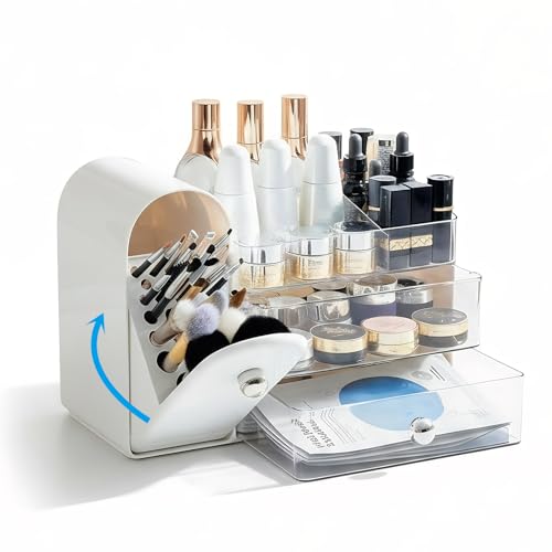 Bird&Fish Makeup Organizer with Sliding Brush Holder, Clear Skincare Organizer with Drawers, Bathroom Countertop Organizer, Sturdy Cosmetic Storage Case for Vanity, Dresser (White)