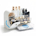 Bird&Fish Makeup Organizer with Sliding Brush Holder, Clear Skincare Organizer with Drawers, Bathroom Countertop Organizer, Sturdy Cosmetic Storage Case for Vanity, Dresser (White)