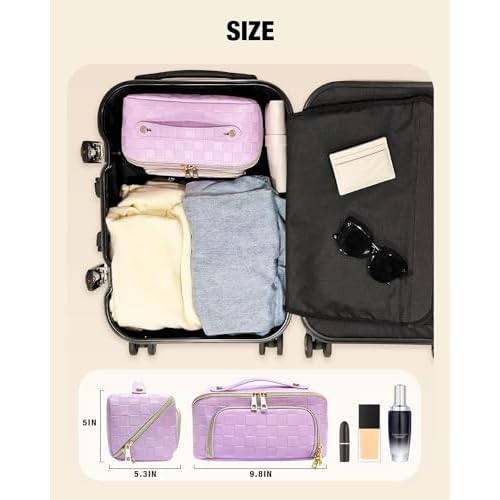 Travel Makeup Bag for Women, Large Capacity PU Leather Waterproof Checkered Cosmetic Bags, Portable Pouch Open Flat Toiletry Bag, Make up Organizer with Divider and Handle, Purple