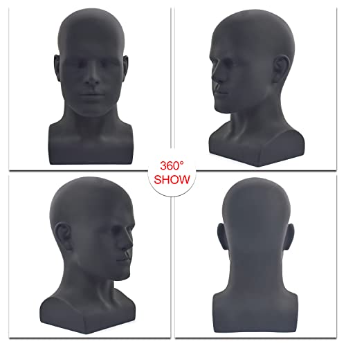 Male Mannequin Head 34cm Matte Black Display Stand