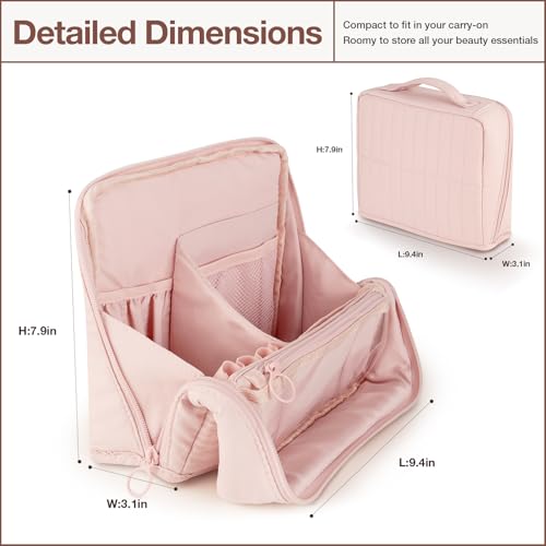 Abiudeng Standing Makeup Bag Stand up Make up Bag Travel Toiletry Bag with Multiple Compartments Large Capacity for Women Business Trips Fitness and Daily Commutes (Pink)
