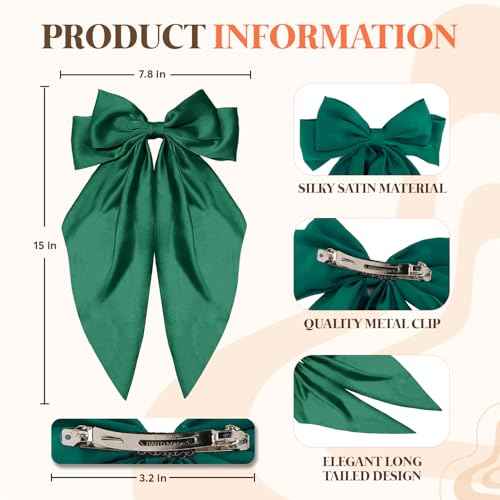 Silky Satin Hair Bows, Oversized Long Tail Bows with Barrette Clips, Coquette Hair Accessories for Women and Girls (Green 3P)