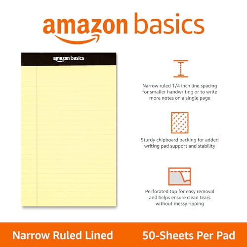 Amazon Basics Narrow Ruled Lined Writing Note Pad, 5 inch x 8 inch, Canary, 12 Count ( 12 Pack of 50 )