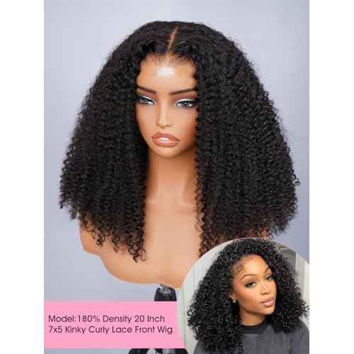 20 Inch Glueless Wigs Human Hair Pre Plucked Pre Cut 7x5 Kinky Curly HD Lace Front Wigs Human Hair for Women 180% Density Wear and Go Closure Wig Beginner Friendly Natural Black