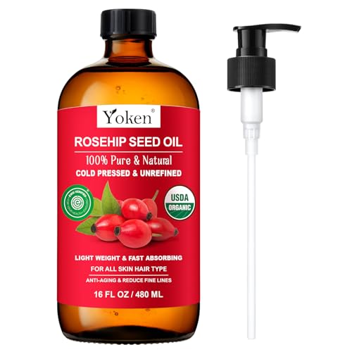 Organic Rosehip Seed Oil, USDA 100% Pure Rosehip Oils for Face, Hair & Body, Large Glass Bottle 16 fl oz Cold Pressed Rose Hip Oil for Skin Care, Moisturizing, Massage, Gua Sha & DIY Blends