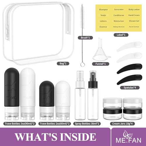 ME.FAN 18 Pack TSA Approved Travel Bottles Black & White - Leakproof Toiletry Set