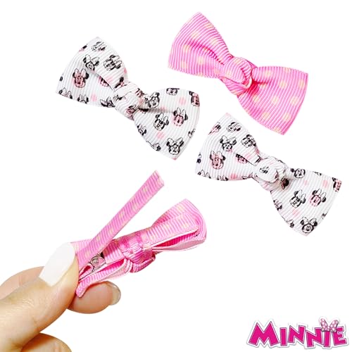 LUV HER Baby Girl Hair Clip, Minnie Mouse, Pink/White, 4 Pieces, Soft Fabric, Fully Lined, Newborn Hair Accessory