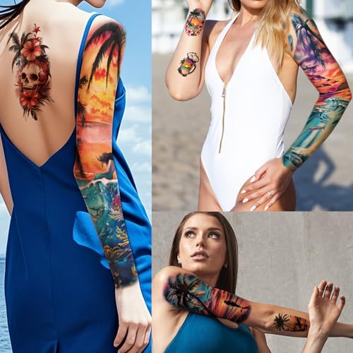 48 Sheets Holiday Ocean Temporary Tattoo for Men Women, 8 Full Arm Flower Skull Sunset Fake Tattoos, 10 Half Arm Beach Turtle Fake Tattoos, 30 Tiny Body Stickers Adult Kid Realistic