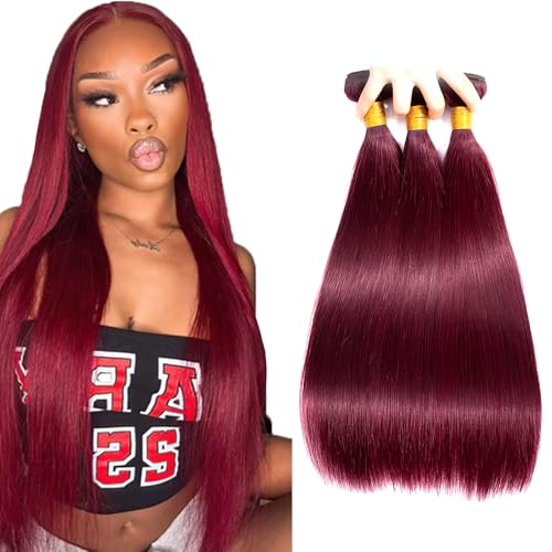 WuvuSnm Burgundy Human Hair Bundles 30-34 Inch #99J Straight 150g - Dark Red