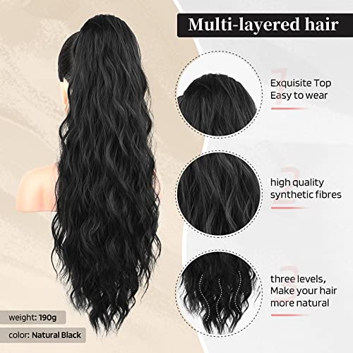 FLUFYMOOZ Ponytail Extension, 26 Inch Drawstring Ponytail Hair Extensions for Women，Long Curly Wavy Ponytail Natural Wavy Synthetic Hairpiece for Women Daily Use party (26 Inch Natural Black)