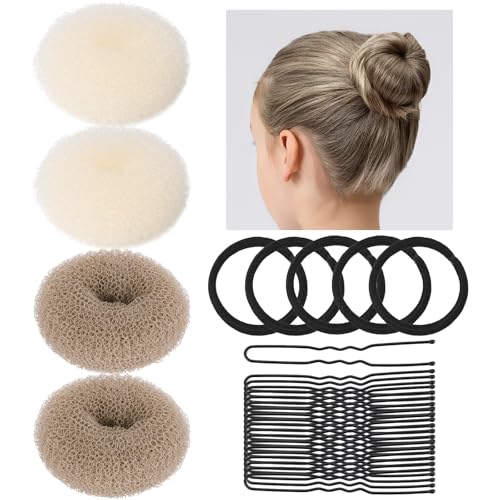Small Hair Bun Maker Set - 2 Colors for Kids & Finer Hair, Includes Hair Pins & Bands - Beige & Tan Brown Variation