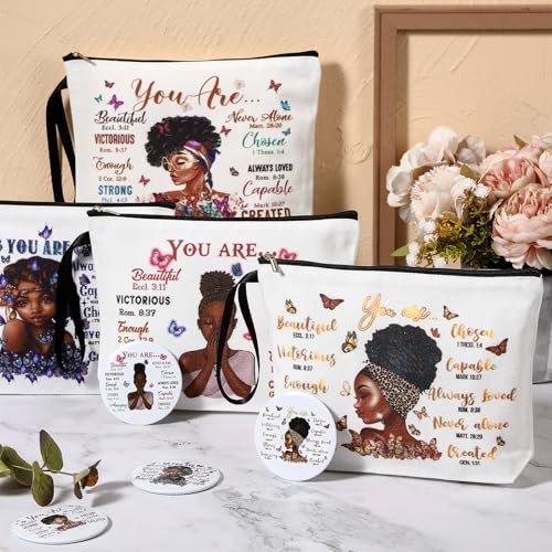 Roowest 40 Pcs Black Women Gifts Bulk Makeup Bag with Inspirational Compact Mirrors, Funny Small Travel Cosmetic Gifts for Womens Day Black Women