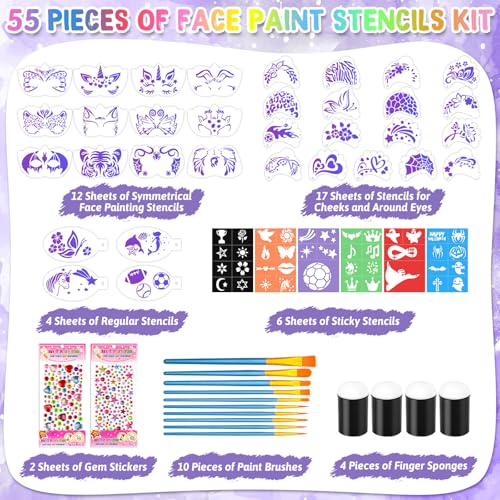 Face Paint Stencils Kit - 33 Reusable Stencils, 10 Brushes & Gems