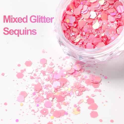 Pink Nail Glitter Powder, 12pcs Nail Art Sequins Dust Set, Holographic Paillette Sparkle Flakes for Acrylic Tips Manicure Decorations