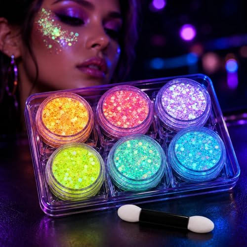 Glow in the Dark Glitter Gel Set - 6 Colors for Body & Face