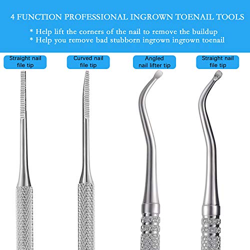 Silver Ingrown Toenail File and Lifter Kit - Stainless Steel Pedicure Tools with Storage Case