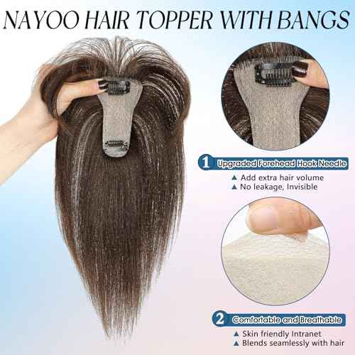 Hair Toppers for Women Real Human Hair, 360¡Æ Cover Clip in Bangs Medium Brown Wispy Bangs HairPieces for Women Daily (Medium Brown, 3D Bangs)