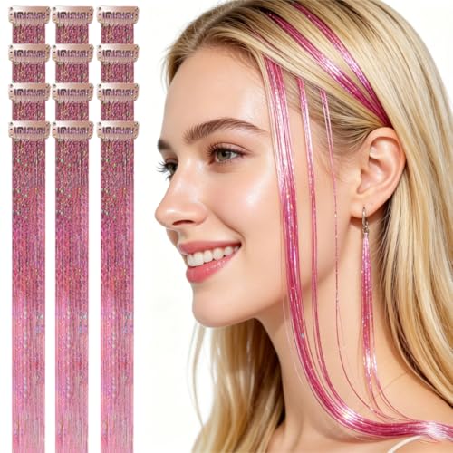 CelineBella Pink Hair Tinsel Extensions - 80 Strands, 24 Inches