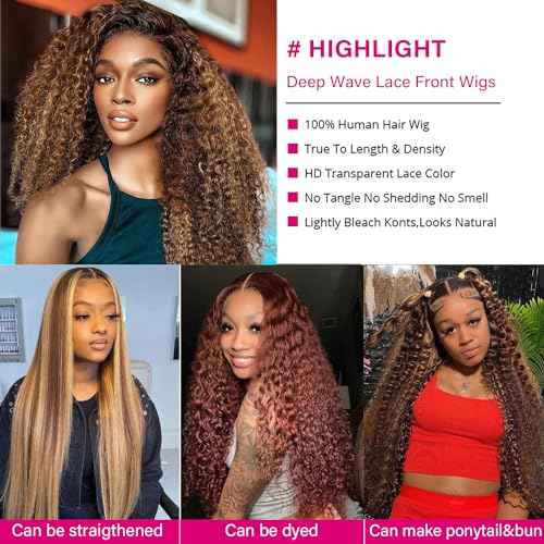 Highlight Ombre 13x6 Lace Front Wig Human Hair 13x6 Deep Wave HD Lace Frontal Wig for Women 180 Density Honey Blonde Deep Curly Frontal Wig Pre Plucked 4/27 Color 26 Inch