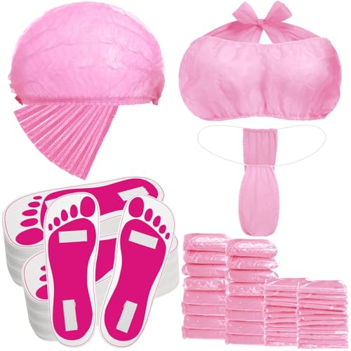 96 Pcs Spray Tanning Supplies Included Spray Tan Feet Pads Hair Nets Disposable Bra Underwear Caps Kit for Sunless Tan Self Tanning at Home or Salon Accessories (Pink)