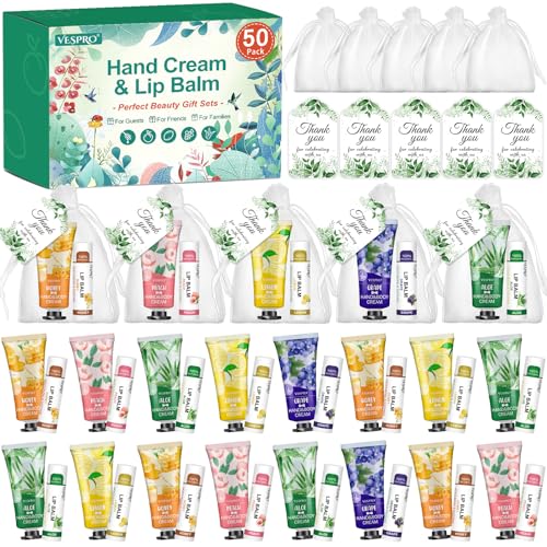 VESPRO 50 Sets Bulk Hand Cream & Lip Balm Favors with Organza Bags & Cards