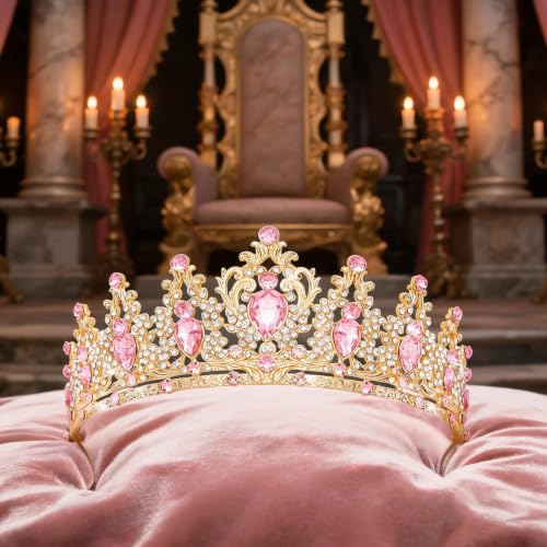 YOUlDIANZI Queen Crown Rhinestone Tiara for Women Wedding Party Costume - Gold & Pink-A