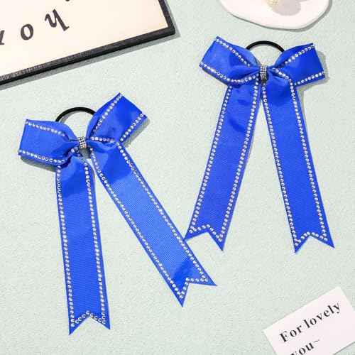 DEEKA Long Tail Rhinestones Cheer Bows 12 PCS Collegiate Style Full Rhinestone Skinny Ponytail Holder Handmade for Girls Teens Cheerleader Sports (Royal Blue)