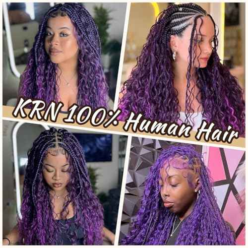 KRN Purple Human Braiding Hair for Boho Braids 110g 12A Deep Curly Purple Braiding Hair Knotless Boho Braids 100% Virgin No Weft Extensions Human Hair 2Bundles/Pack Dark Purple Color 16Inch