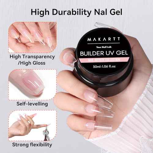 Makartt Clear Gel Builder: Nail Extension, Strong, Self-Levelling, Long Lasting for Strengthener Sculpture Broken Nails Repair Protection, UV LED Lamp Cure Required, Home Salon DIY Manicure 1.06 oz