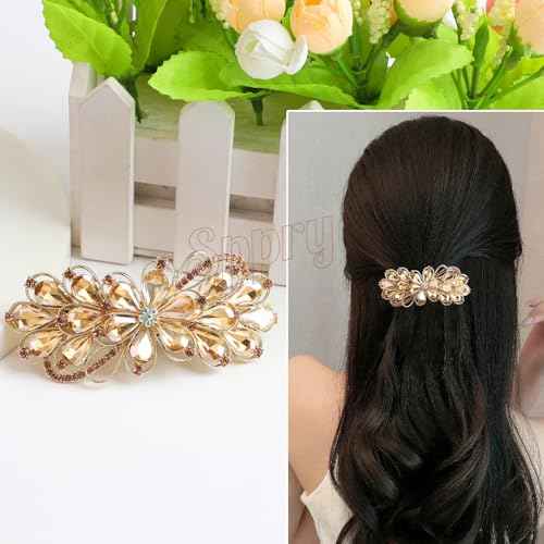 Large Gorgeous Rhinestone Hair Barrette for Women, Flower Jewelry Design (Champagne)