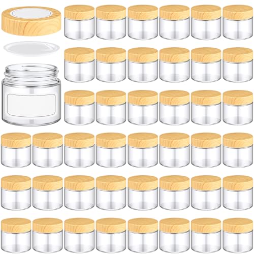 Layhit 36 Pcs 2oz/ 60ml Glass Jars with Lids, Clear Small Cosmetic Containers with Plastic Woodgrain Lids, Airtight Leakproof Empty Round Jars for Creams, Lotions, Candle Making, Travel, DIY