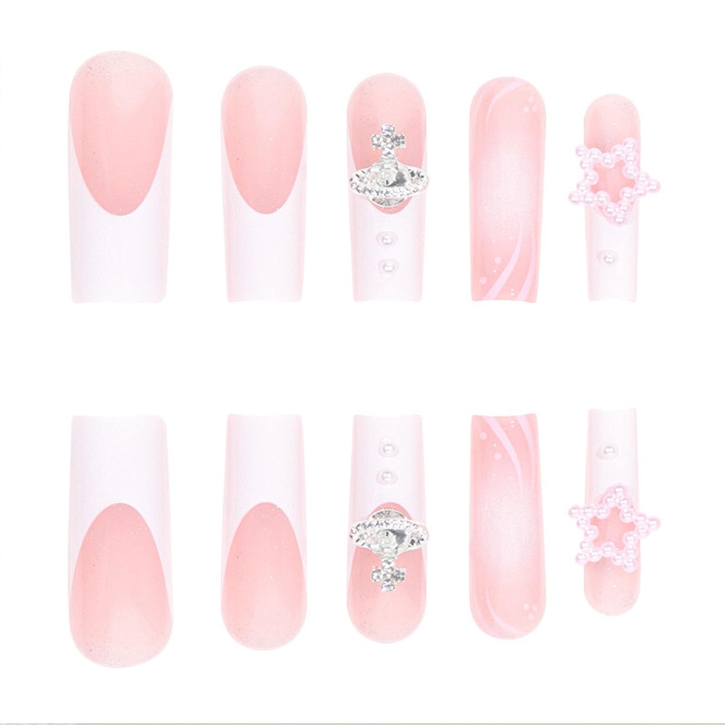 White French Tip Press on Nails Long Square Glue on Nails 3D Pearl & Rhinestones Fake Nails Light Pink Translucent Acrylic Nails Bling Glitter False Nails Glossy & Cute Stick on Nails for Women 24 Pcs