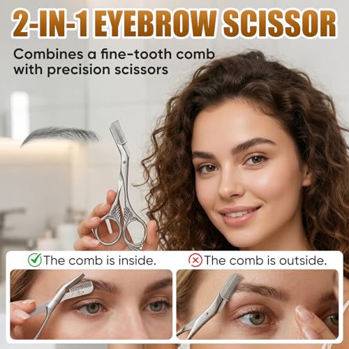 Black Stainless Steel Eyebrow Trimmer Scissors with Comb - Women & Men Grooming Kit