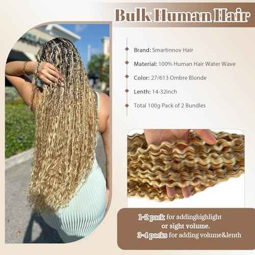 Boho Braids Human Hair Knotless Ombre Blonde Human Braiding Hair 14 Inch 27/613 Ombre Water Wave Bulk Human Hair for Braiding Wet and Wavy No Weft 100g 2 Bundles Curly Human Hair Extensions