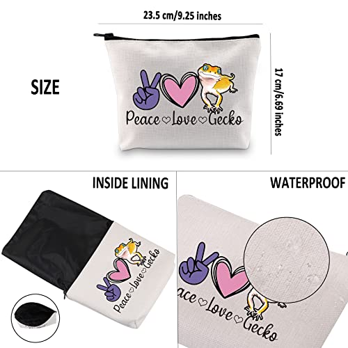 G2TUP Leopard Gecko Lover Gift Peace Love Gecko Makeup Bag Pet Lizard Lover Cosmetic Bag Reptile Gecko Owner Gift Travel Bag with Zipper (Peace Love Gecko White Bag)