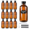 12 Pack 8 oz Amber Glass Boston Bottle With Black Poly Cap, Funnel, Chalk Labels, Pen, Dispensing Bottles for Homemade Vanilla Extract, Essential Oils, Herbal Medicine, Wedding Christmas Decor