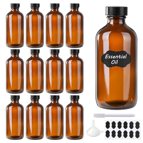 12 Pack 8 oz Amber Glass Boston Bottle With Black Poly Cap, Funnel, Chalk Labels, Pen, Dispensing Bottles for Homemade Vanilla Extract, Essential Oils, Herbal Medicine, Wedding Christmas Decor