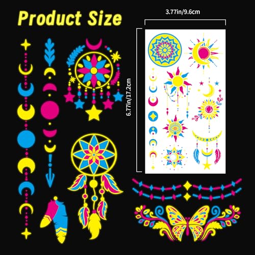 UV Glow in The Dark Temporary Tattoos, 190 PCS Neon Body Stickers
