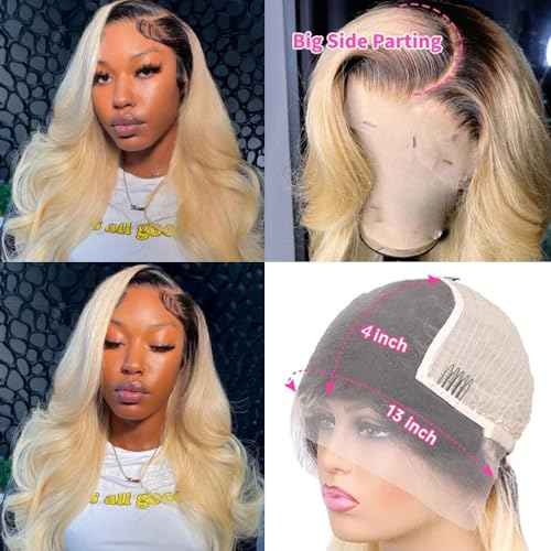 13x4 HD Lace Frontal Wigs 1B613 Ombre Blonde Human Hair Pre Plucked 150% Density 24 Inch Straight Bleached Knots with Dark Roots Transparent Invisible Glueless Lace Front Human Hair wigs for Women