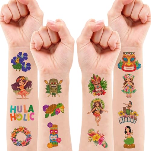 103 PCS Hula Hawaiian Temporary Tattoos Stickers Summer Beach Aloha Tiki Hawaii Luau Tropical Hula Dance Party Decorations Theme Birthday Supplies Favors Tattoo Gifts Kids Girls Boys School Rewards