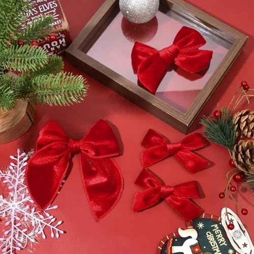 DEEKA 4 PCS Red Velvet Hair Bows 3 Styles 5" & 4" Handmade Hair Bow set for Toddler Girls Alligator Hair Clips Knot Bows Hair Accessories for Little School Girls (Red)