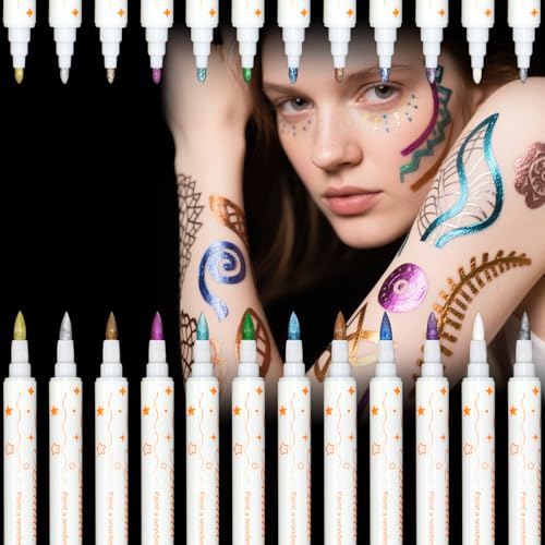12 Colors Metallic Face Paint Glitter Tattoo Kit, Washable Glittering Face Body Painting Pens for Halloween Makeup Party Festival Clubs Cosplay Costume