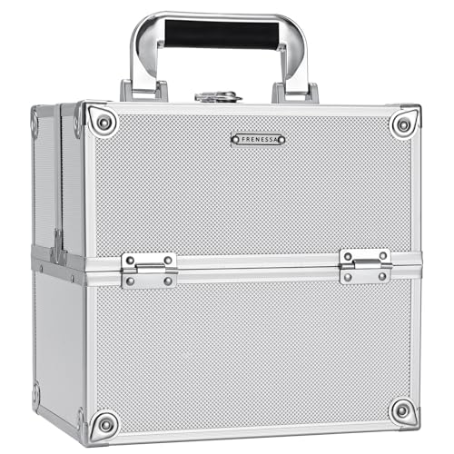 FRENESSA Portable Makeup Train Case - Lockable 4-Tray Aluminum Cosmetic Box