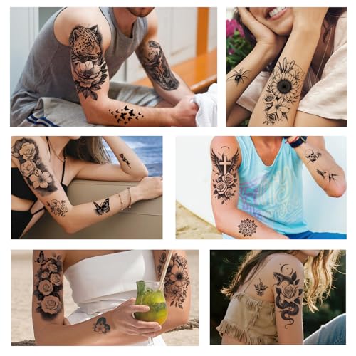 92 PCS Black Flowers Temporary Tattoos Adult Women Girl Teens 3D Temp Realistic Sunflower Rose Cross Leopard Snake Fake Tattoos, Butterfly Peony Floral Leaf Serpent Tatoo Sticker Men Long Lasting