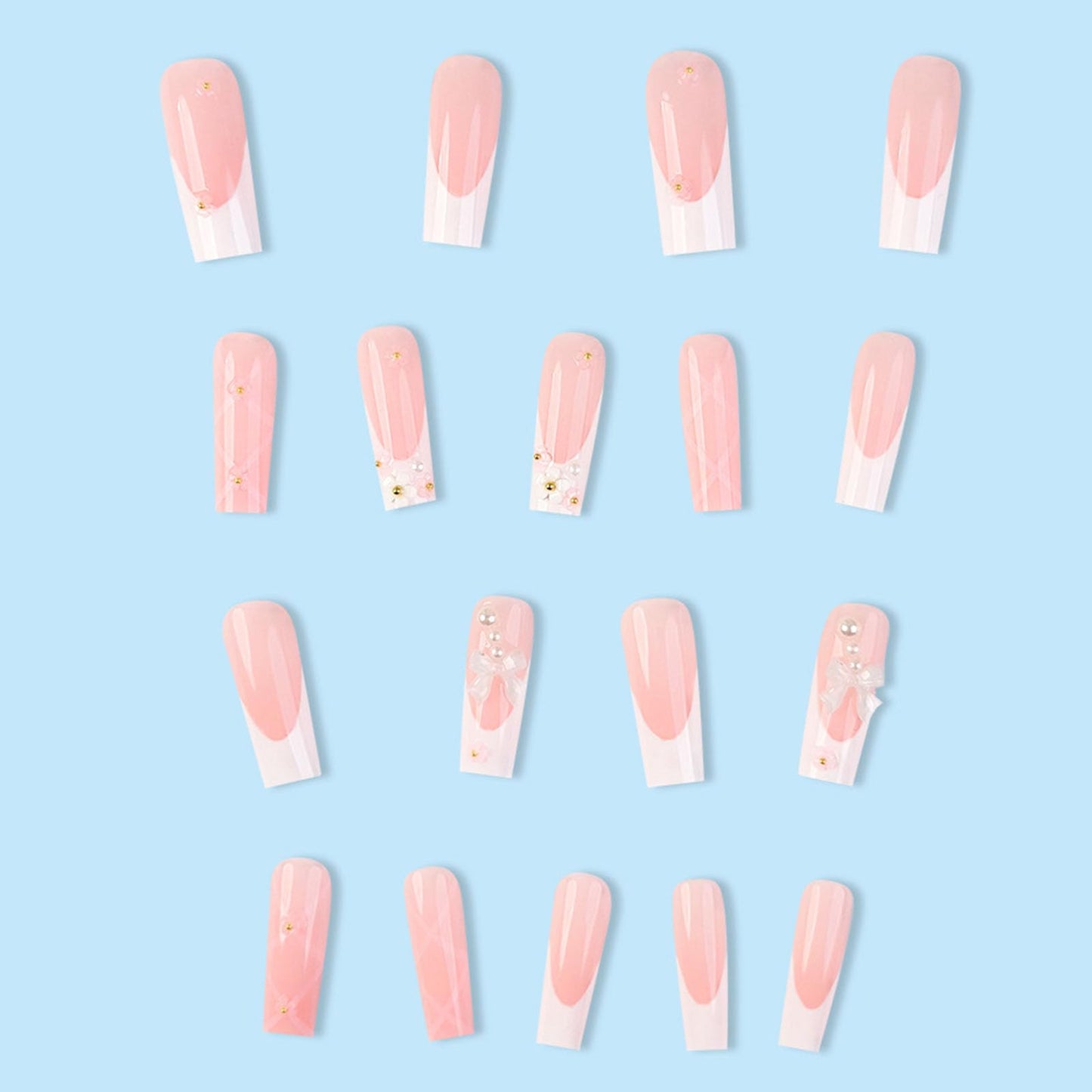 White French Tip Press on Nails Long Square Acrylic Nails, Flowers & White Bows Fake Nails Light Pink Translucent Glue on Nails Luxury Pearls & Glossy Stick on Nails for Women 24Pcs